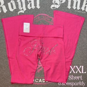 Victoria’s Secret PINK Hot Pink Foldover Flare Leggings Rhinestone Bling XXL